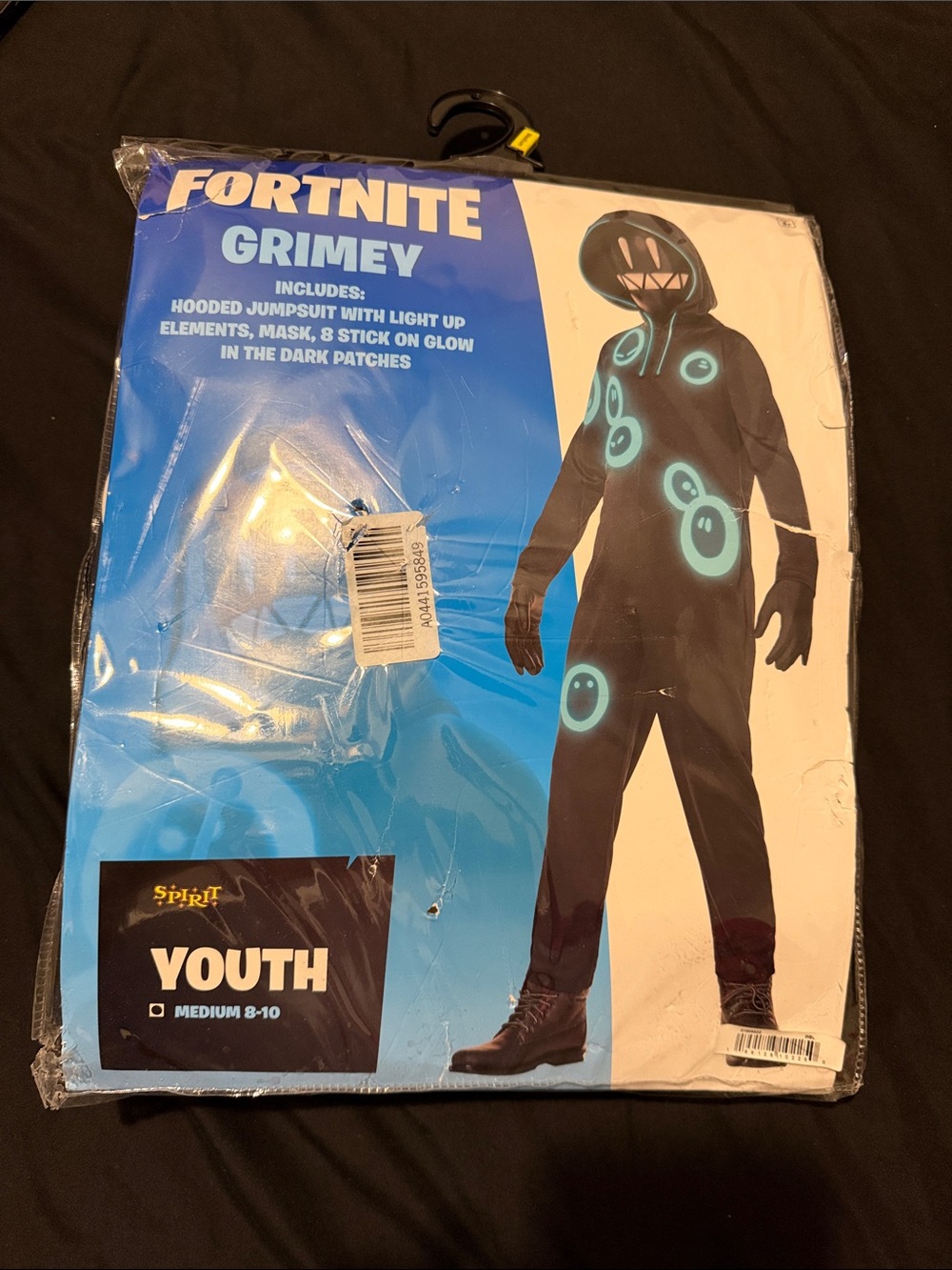 Spirit Fortnite Grimey Youth Hooded Jumpsuit Costume - Black with Teal Accents